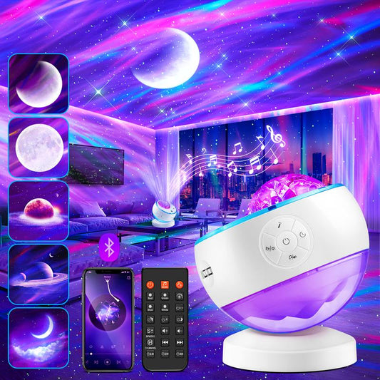 One Fire Northern Lights Projector,16Color Galaxy Projector for Bedroom, 15 White Noise Galaxy Light Projector, 5Moon Star Projector, Bluetooth Aurora Light Projector, Remote Timer Star Lights Audio Shower Lamps Living Room Decor Ambient Light Nebula