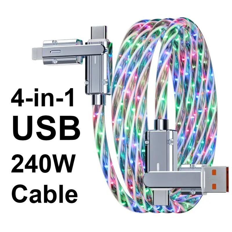 Four-In-One 240W Colorful Lights Data Cable,Supports Fast Charging and Data Transmission,Free Switching Four Interfaces, Luminous Durable