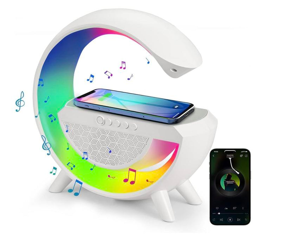 G-Shaped 3 in 1 Bluetooth Speaker with FM Radio, RGB Light Table Lamp, Wireless Charger LED Smart Wake up Light, 15W Wireless Charger Loud Speaker for Home Decoration, Bedroom & Gaming Room Visit the BKN Store
