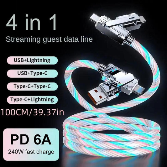 Four-In-One 240W Colorful Lights Data Cable,Supports Fast Charging and Data Transmission,Free Switching Four Interfaces, Luminous Durable