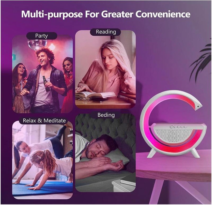 G-Shaped 3 in 1 Bluetooth Speaker with FM Radio, RGB Light Table Lamp, Wireless Charger LED Smart Wake up Light, 15W Wireless Charger Loud Speaker for Home Decoration, Bedroom & Gaming Room Visit the BKN Store