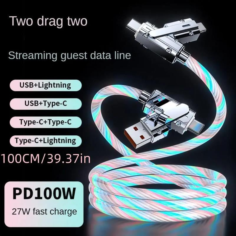 Four-In-One 240W Colorful Lights Data Cable,Supports Fast Charging and Data Transmission,Free Switching Four Interfaces, Luminous Durable