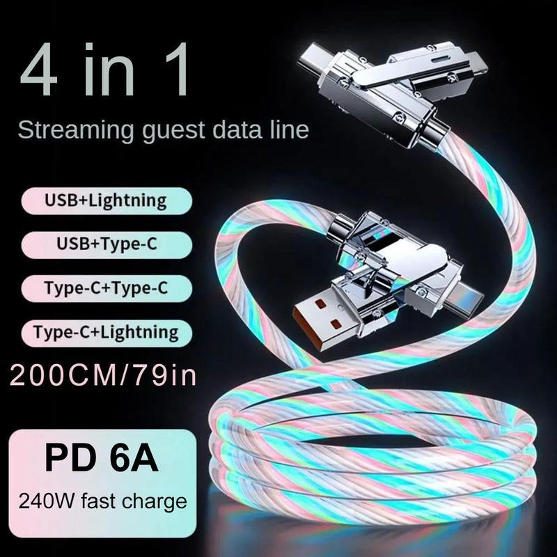 Four-In-One 240W Colorful Lights Data Cable,Supports Fast Charging and Data Transmission,Free Switching Four Interfaces, Luminous Durable