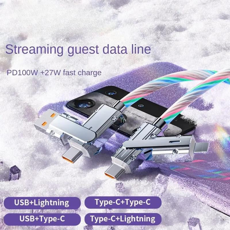 Four-In-One 240W Colorful Lights Data Cable,Supports Fast Charging and Data Transmission,Free Switching Four Interfaces, Luminous Durable